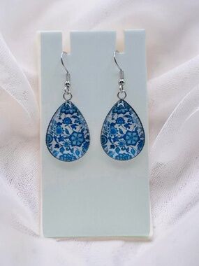 Blue White Floral Teardrop Dangle Earrings Silver Tone Hook Earrings